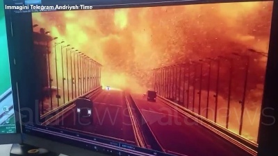 Scene from Incendio sul ponte fra Crimea e Russia, Putin ordina un'inchiesta