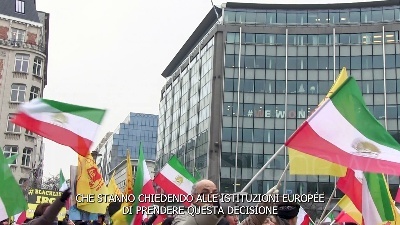Scene from Iran: manifestanti a Bruxelles chiedono riconoscimento IRGC come organizzazione terroristica