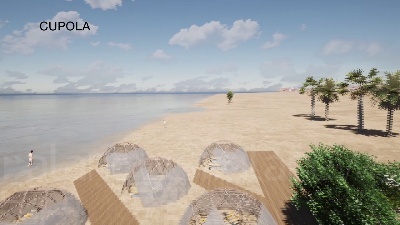 Scene from Coronavirus, al mare con le cupole in bamboo removibili e doccia interna
