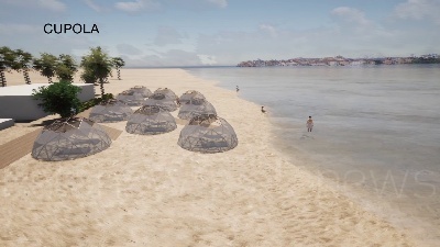 Scene from Coronavirus, al mare con le cupole in bamboo removibili e doccia interna